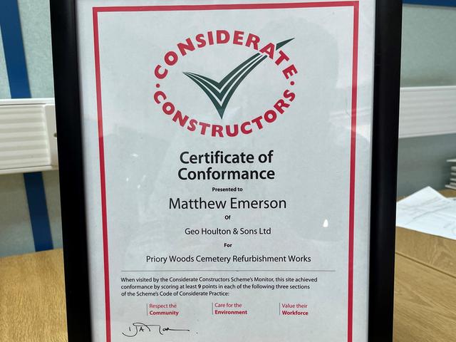 Matty Receives His Considerate Constructors Certificate