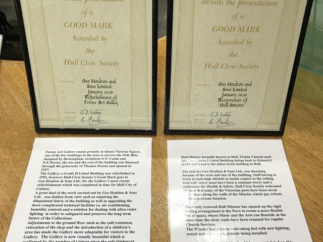 Houlton presented with Two Quality Marks from Hull Civic Society