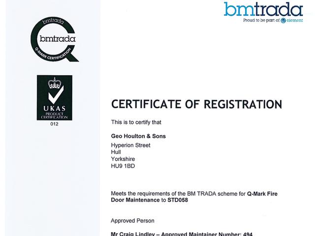 Houlton Achieve Q-Mark for Fire Door Installation & Fire Door Maintenance