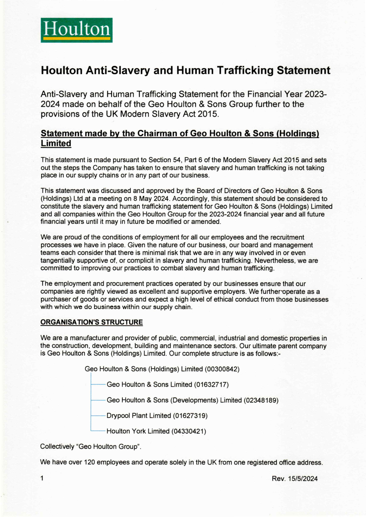 Houlton Anti Slavery And Human Trafficking Policy And Statement 2023 2024