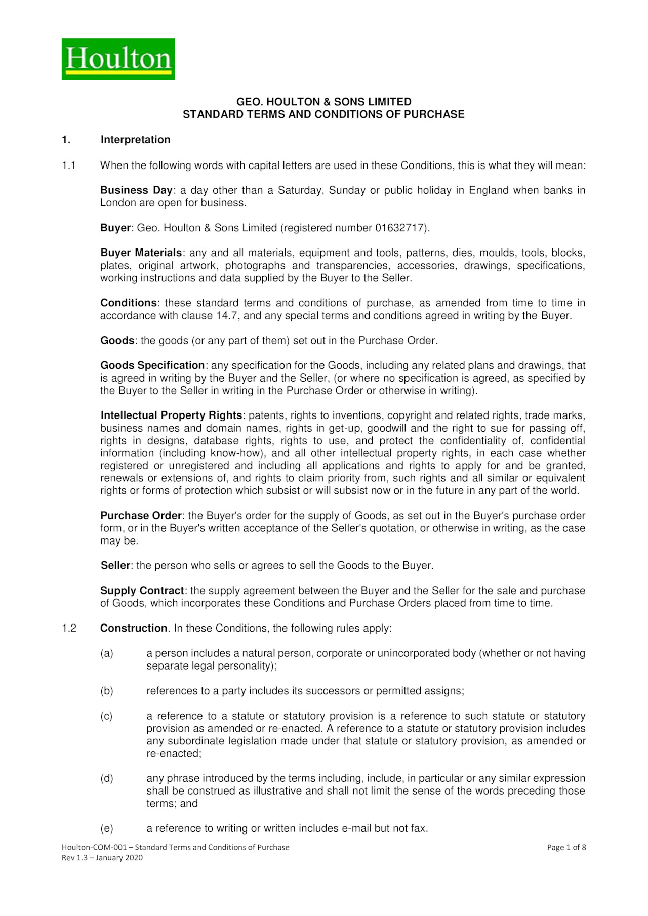 Houlton Standard Conditions Of Purchase Jan 2020
